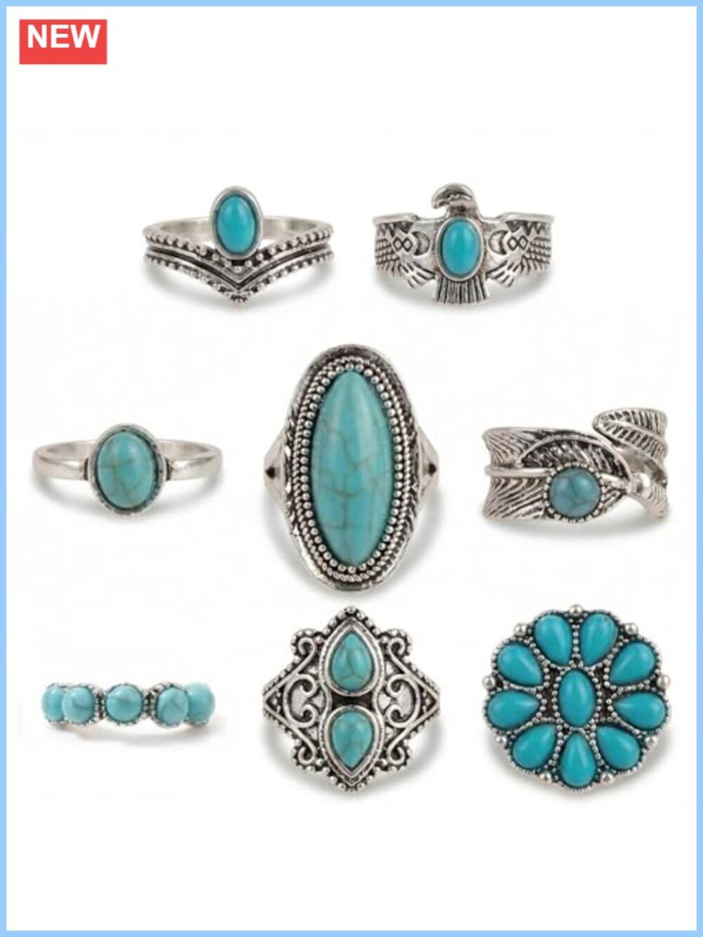 Vintage Silver Stackable Knuckle Rings Chunky Turquoise Boho Jewelry Set